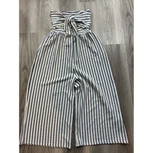 Unknown Womens Strapless Striped Wide Leg Jumpsuit Cotton Blend L Blue White